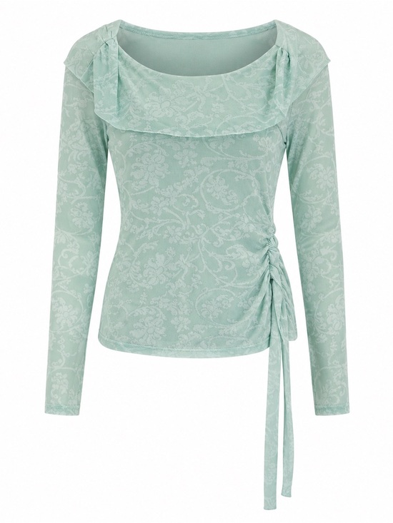 Moth Tops - Moth Sheer Mesh Floral Top Womens Small Green Ruched Tie Long Sleeve